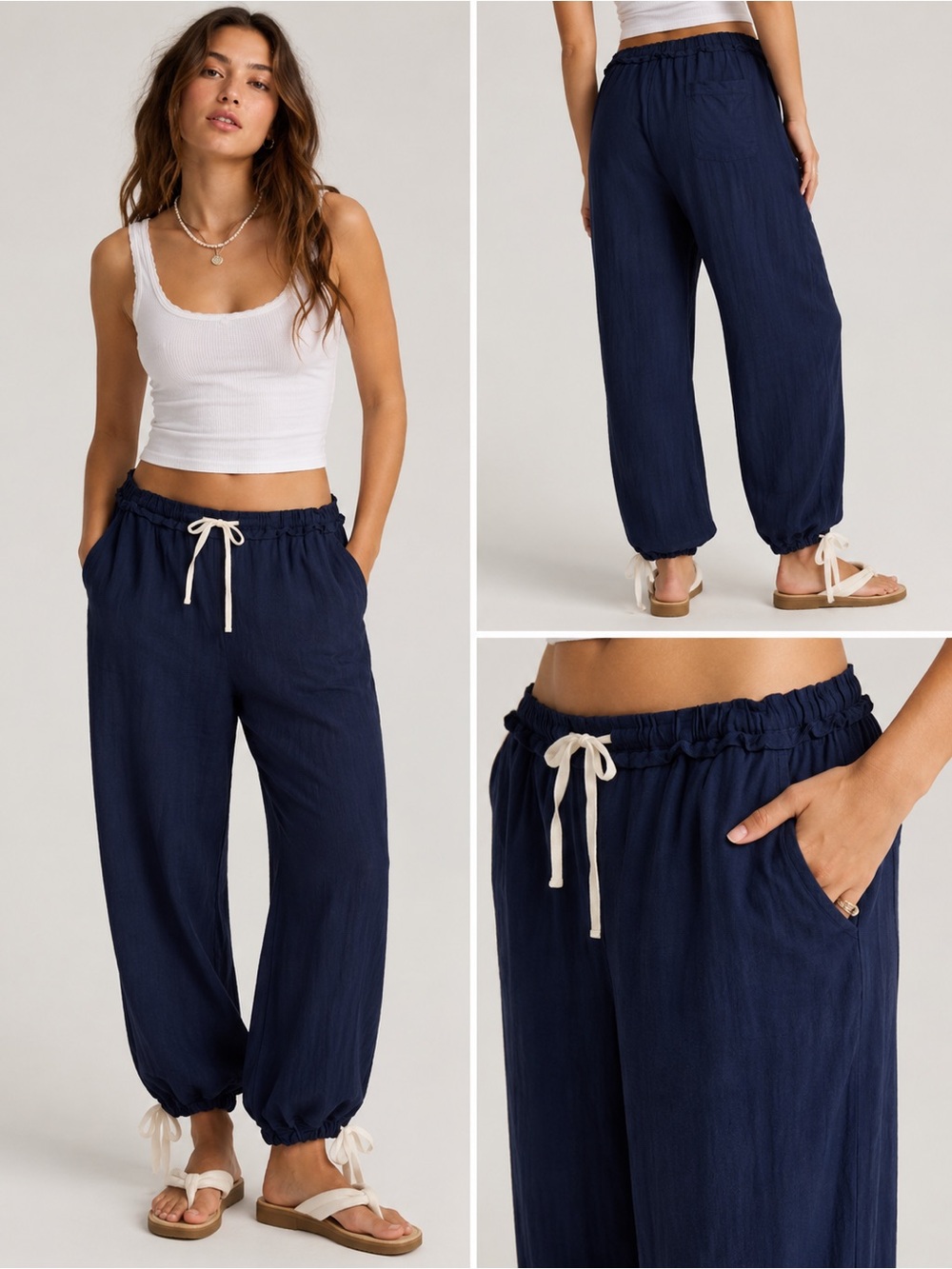 Free People Navy Drawstring Jogger Pants Relaxed Boho Beach Medium